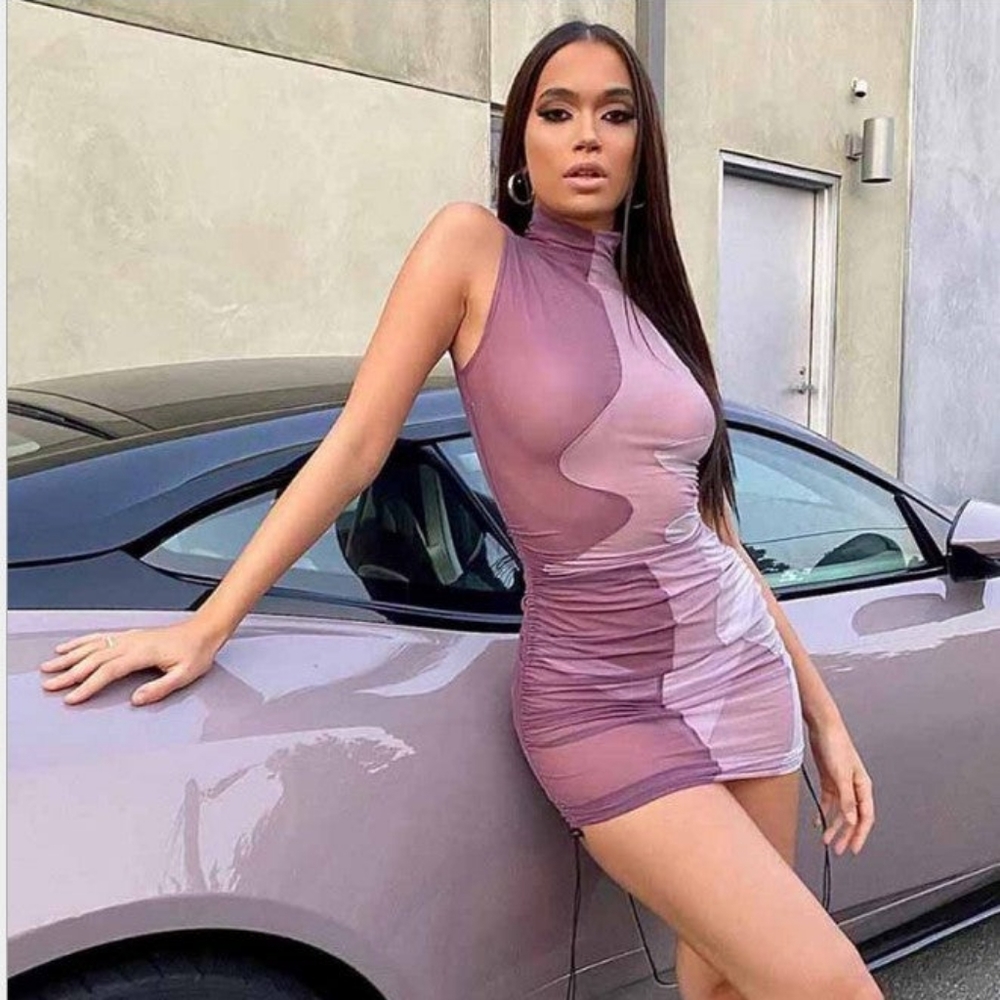 Sexy See-Through Color Block Print Drawstring Dress